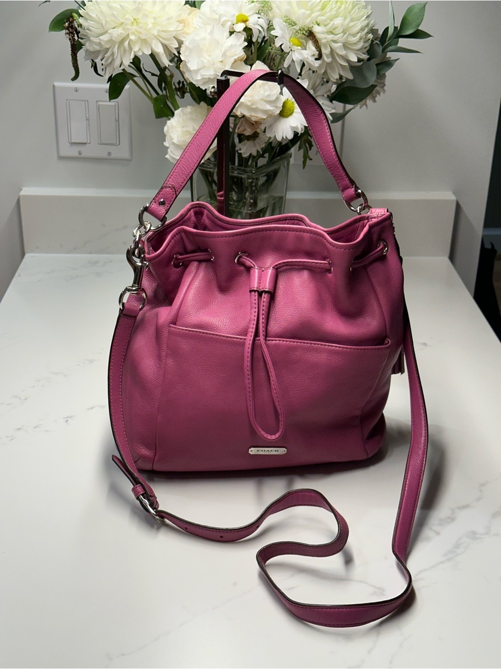 Coach Avery Fuchsia Pebbled Leather Drawstring Bucket Bag - Picture 2 of 15
